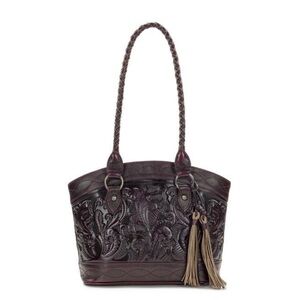 Patricia Nash Zorita Satchel Black Leather Tooled Handbag Shoulder Bag
